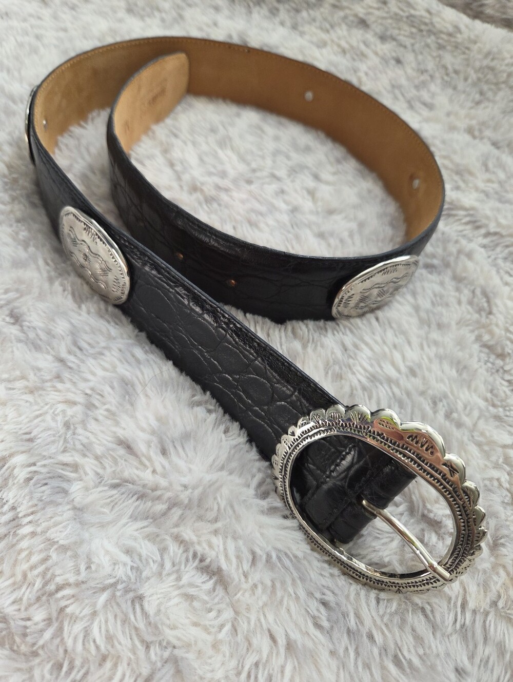 Vintage Harold's Black Croc Embossed Leather Western Concho Belt, Made in Italy